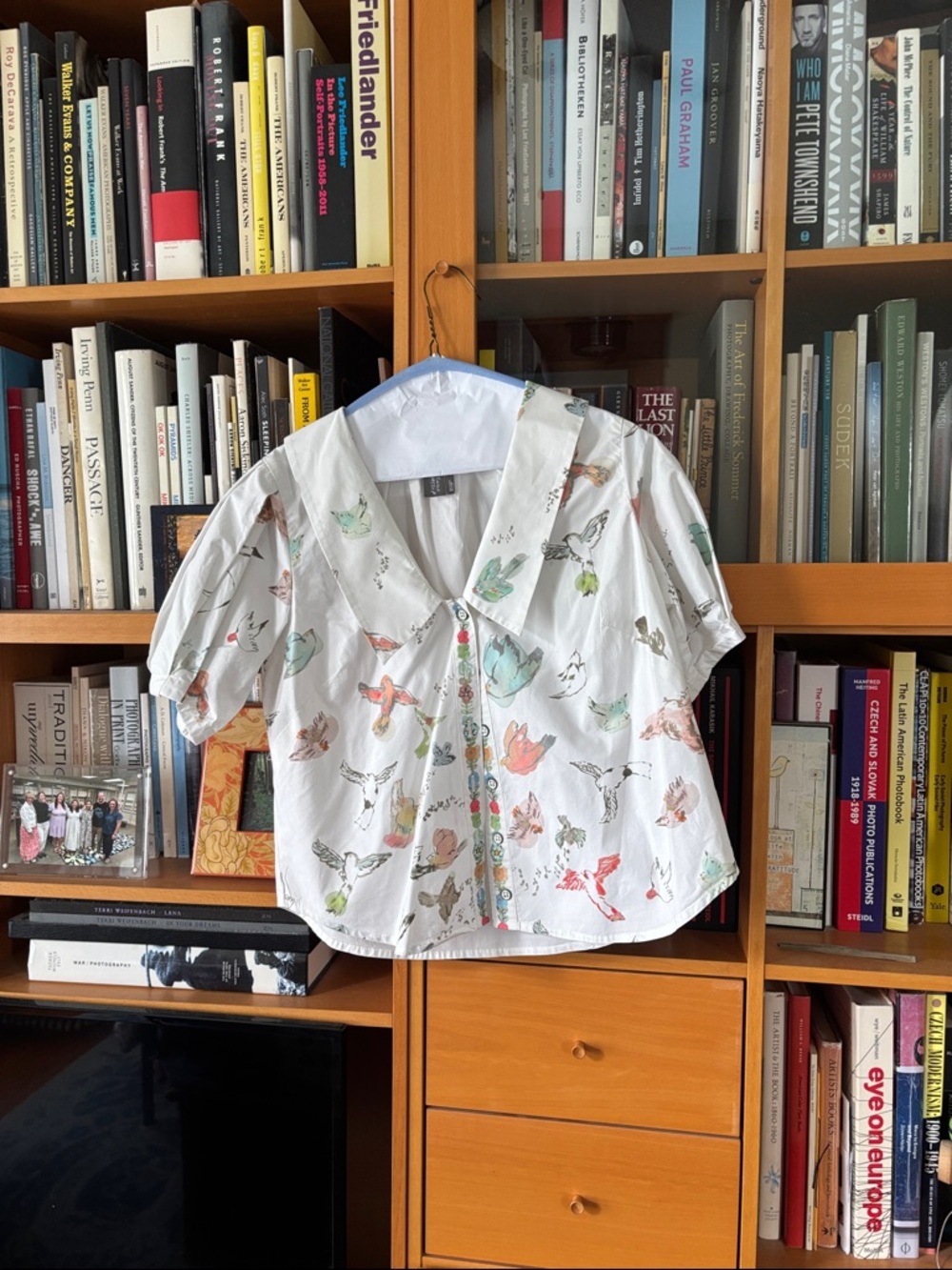 Anthropologie White Short-Sleeve Blouse with Multicolor Bird Print